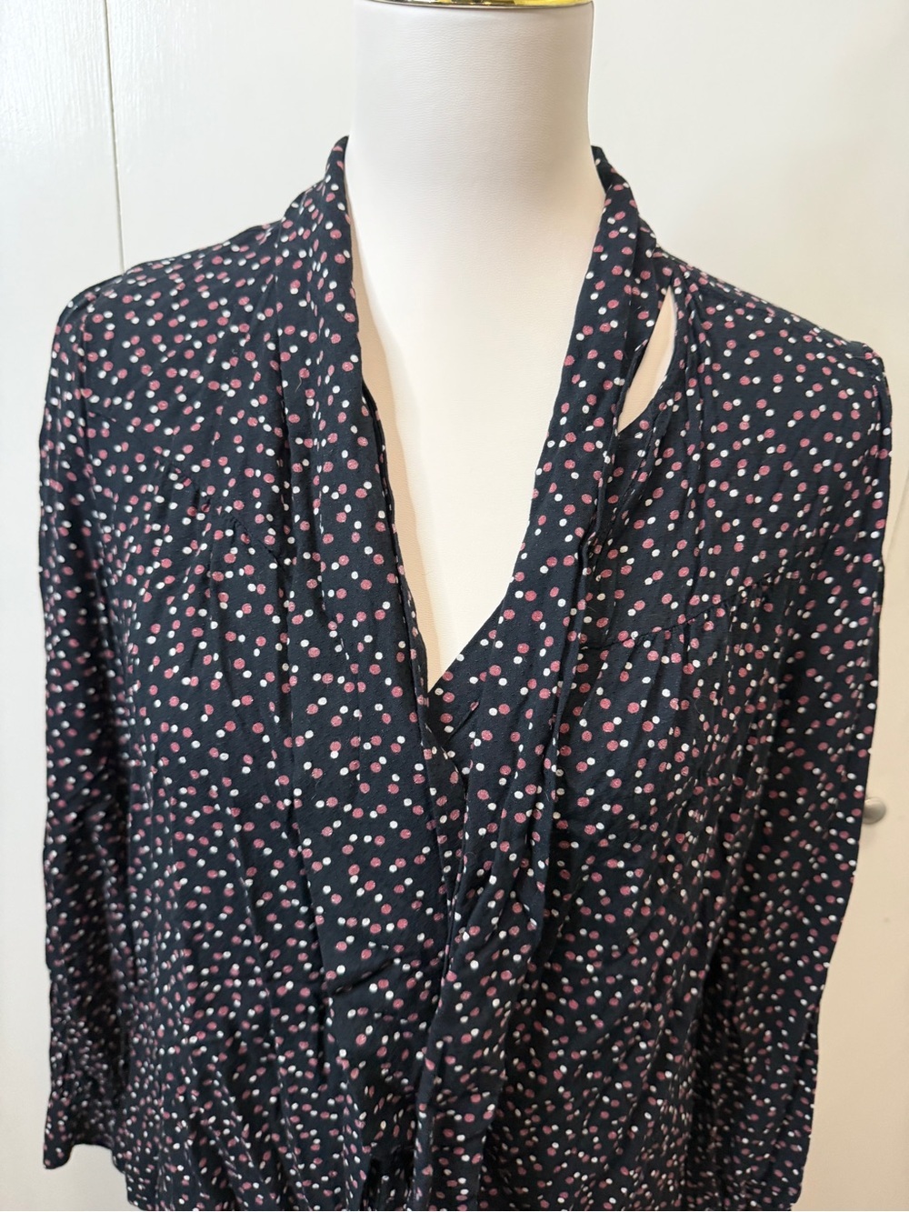 PAIGE Black Blouse with Pink Dot Print and Draped Tie Neck - Picture 4 of 9